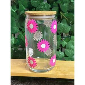 Pink Daisy Flower Color Changing Glass Can with Bamboo Lid and Glass Straw 16oz